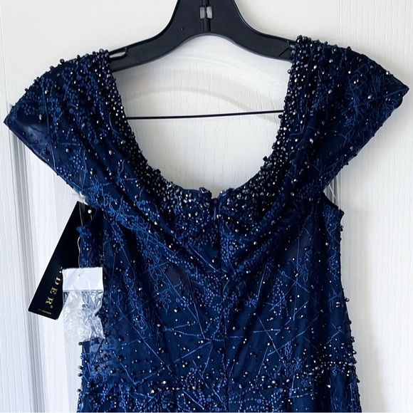 Alexander By Daymor Beaded Gown Maxi Slit Dress Wedding Off-Shoulder Navy 6 NWT - Picture 7 of 8